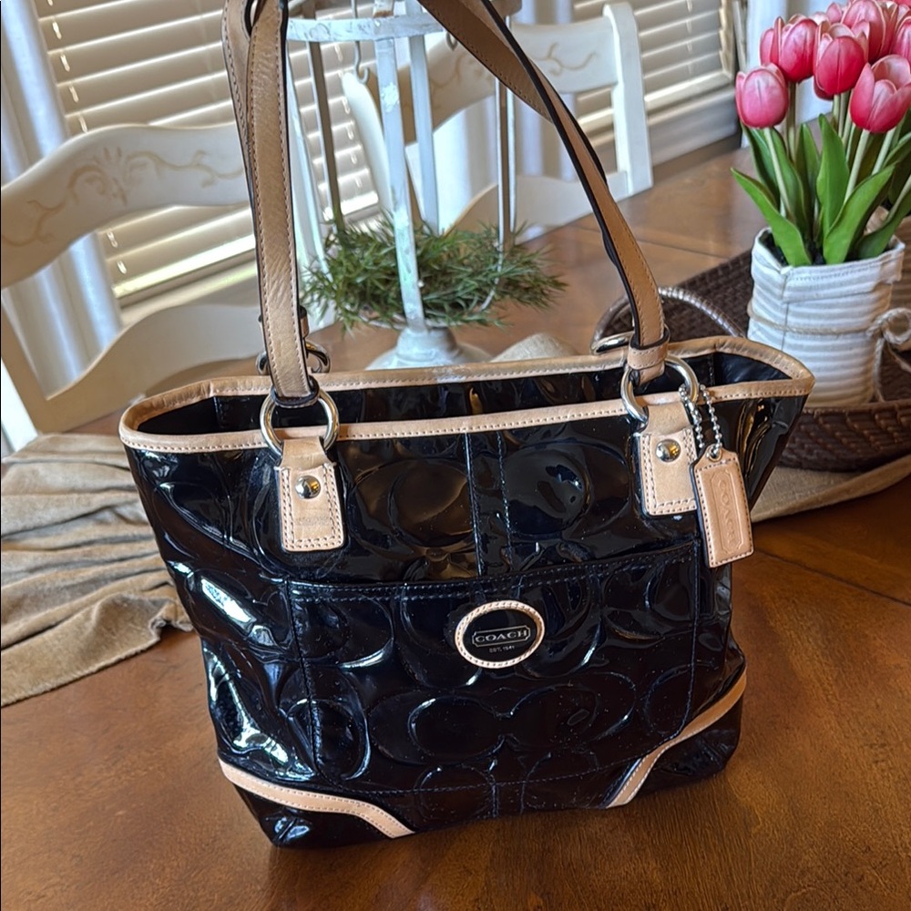 Coach Black and Tan Patent Leather Tote
